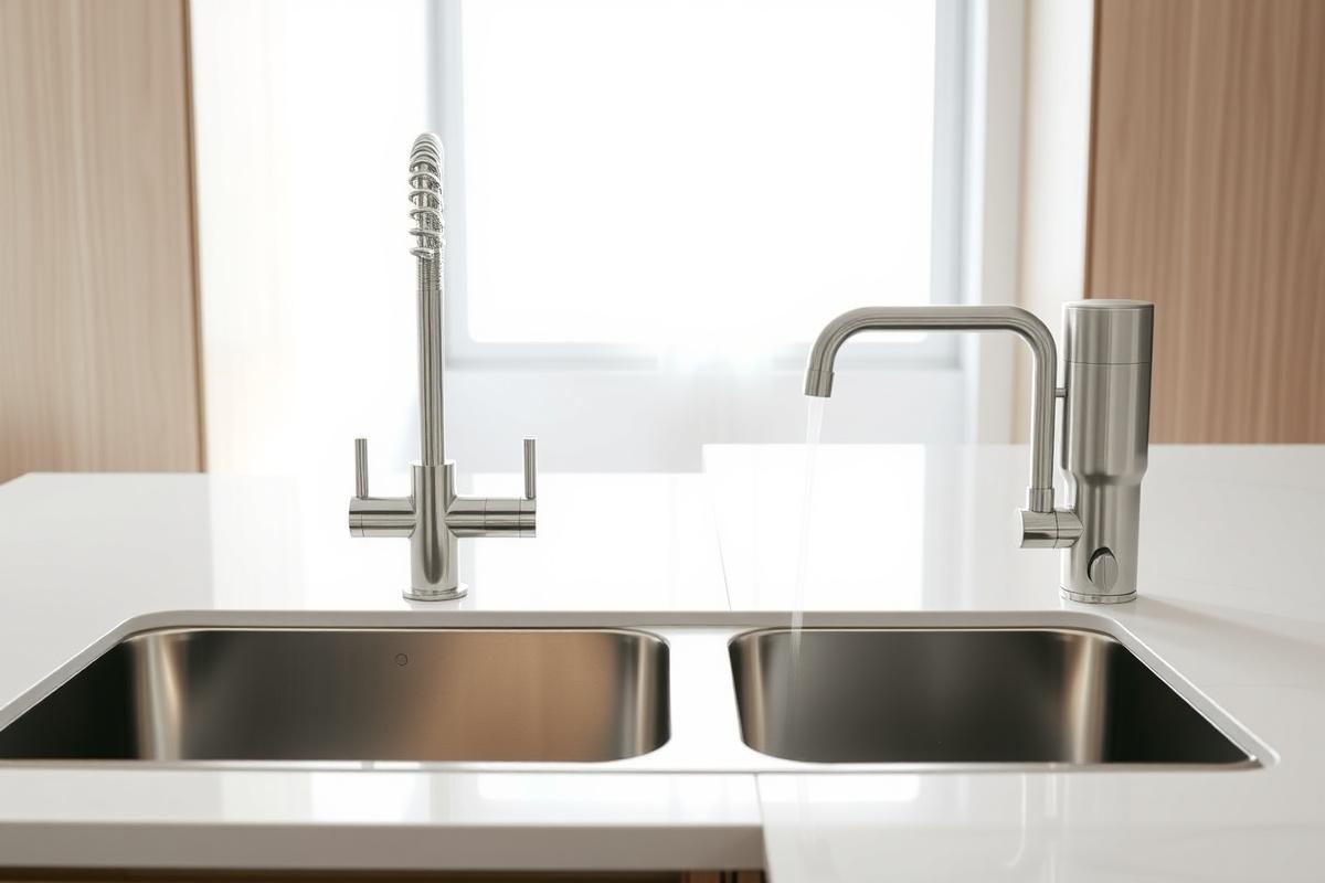 Stainless kitchen sink with chrome mixer