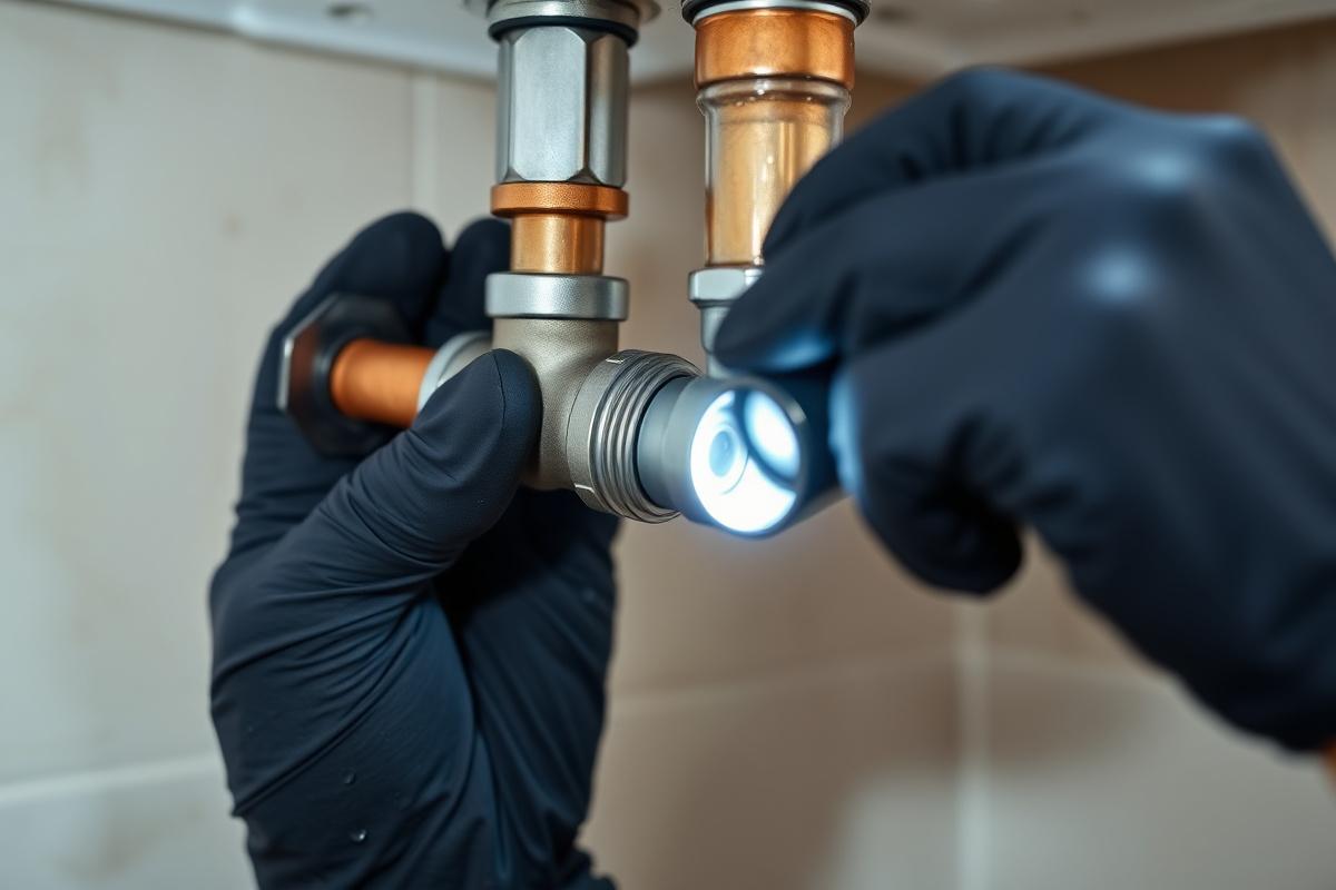Plumber tightening a copper pipe fitting