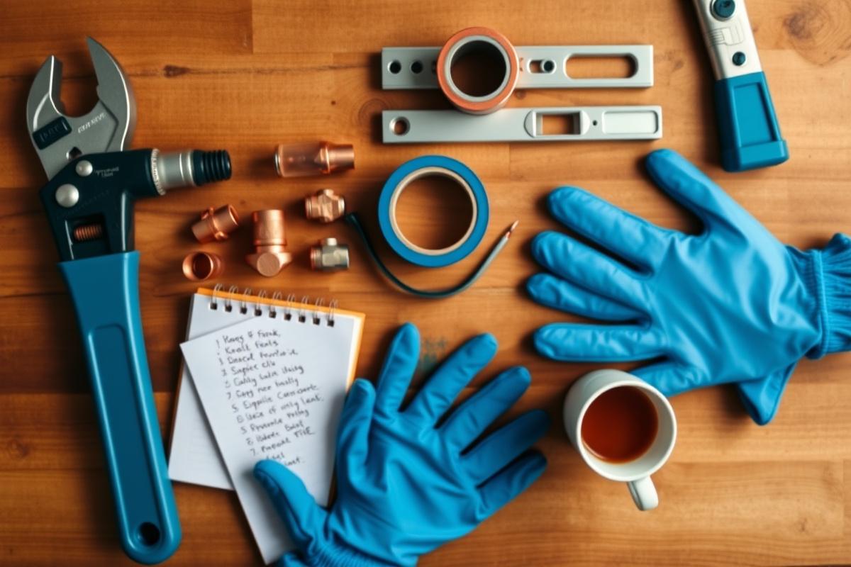 Plumber tools laid out on a workbench