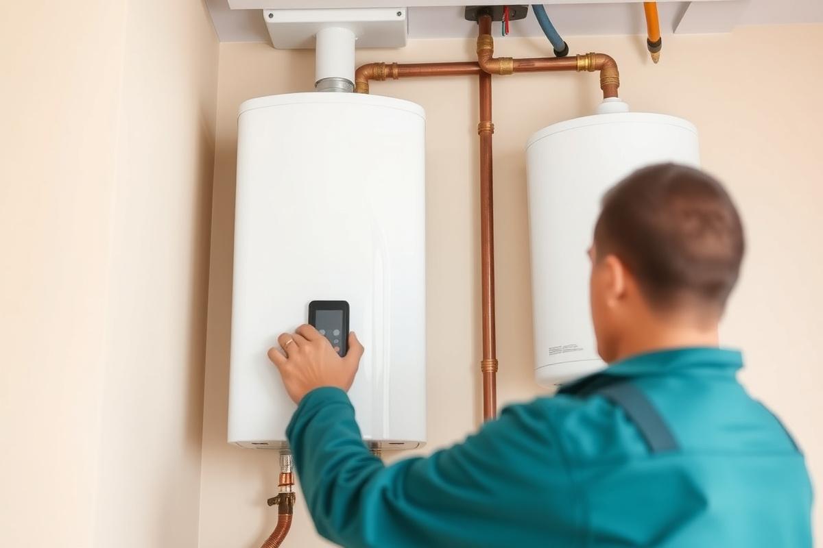 New storage water heater mounted on a wall